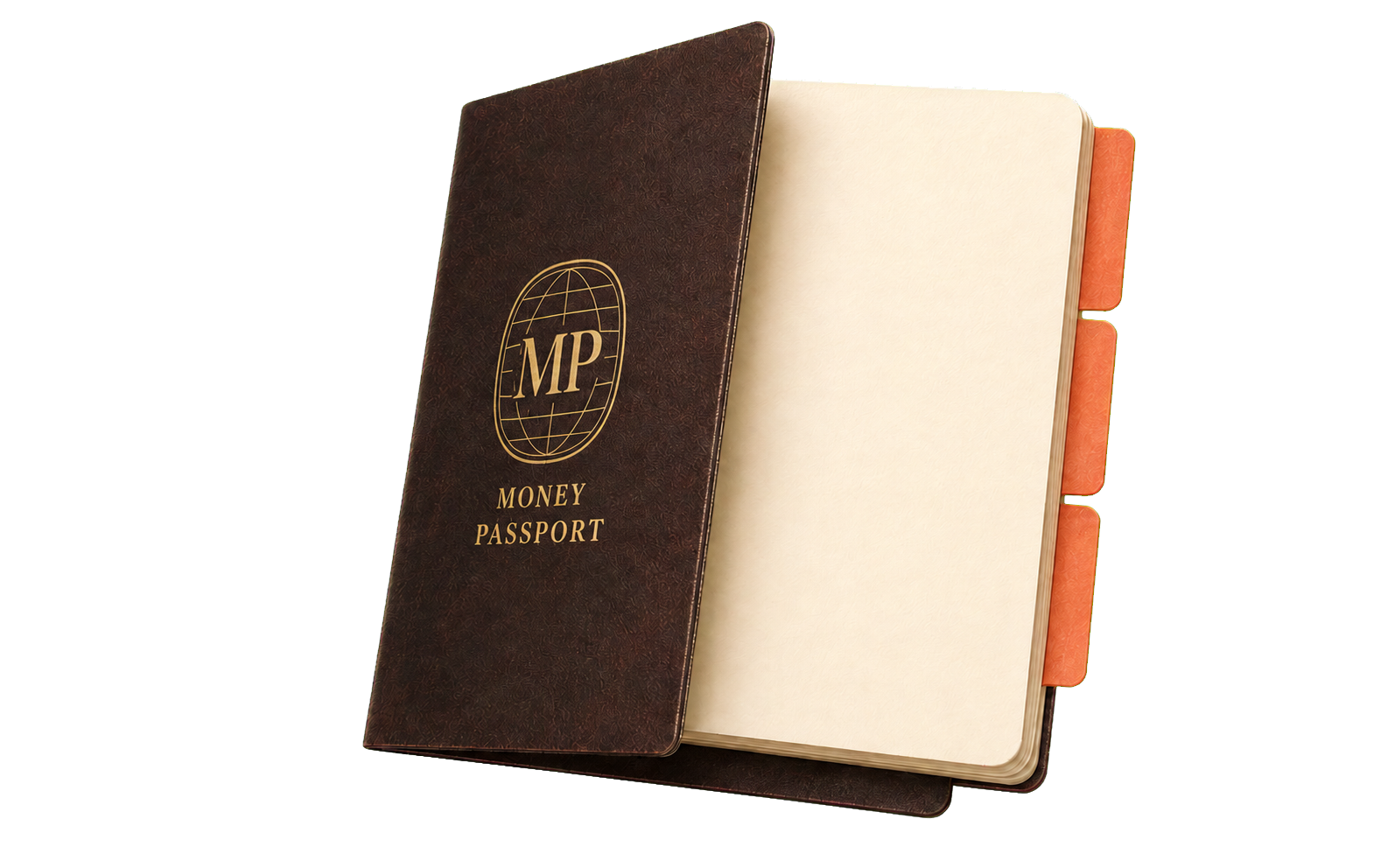 An open dark leather Money Passport with a gold MP emblem and Alex’s summary printed on the cream page